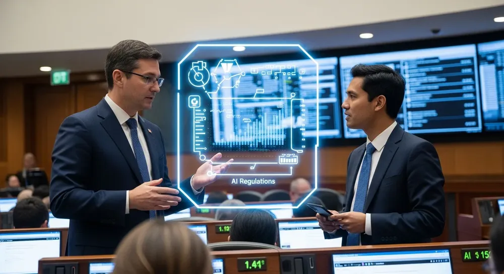 Representación de inteligencia artificial y regulación legislativa en México con circuitos digitales y edificio legislat