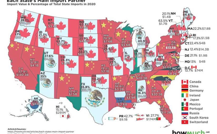 Mapa de socios comerciales de importación de Estados Unidos en 2020 por estado
